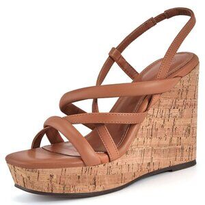 Coutgo Womens Size 9 Sandals 4.5" Heel Slingback Cork Wedge Square Toe Brown